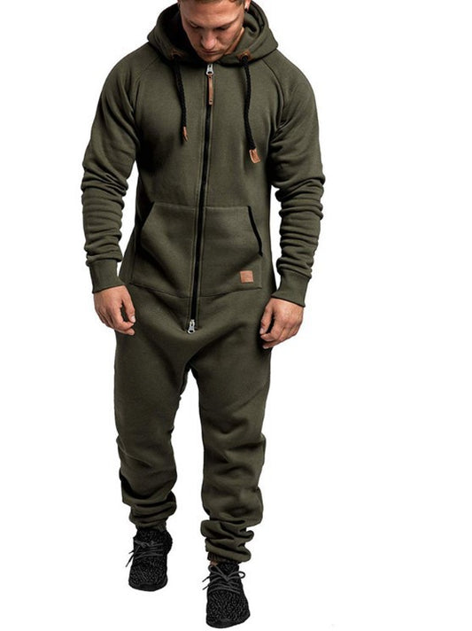 Mandotos International men's hooded fleece jumpsuit in solid color, casual and in-stock for foreign trade.