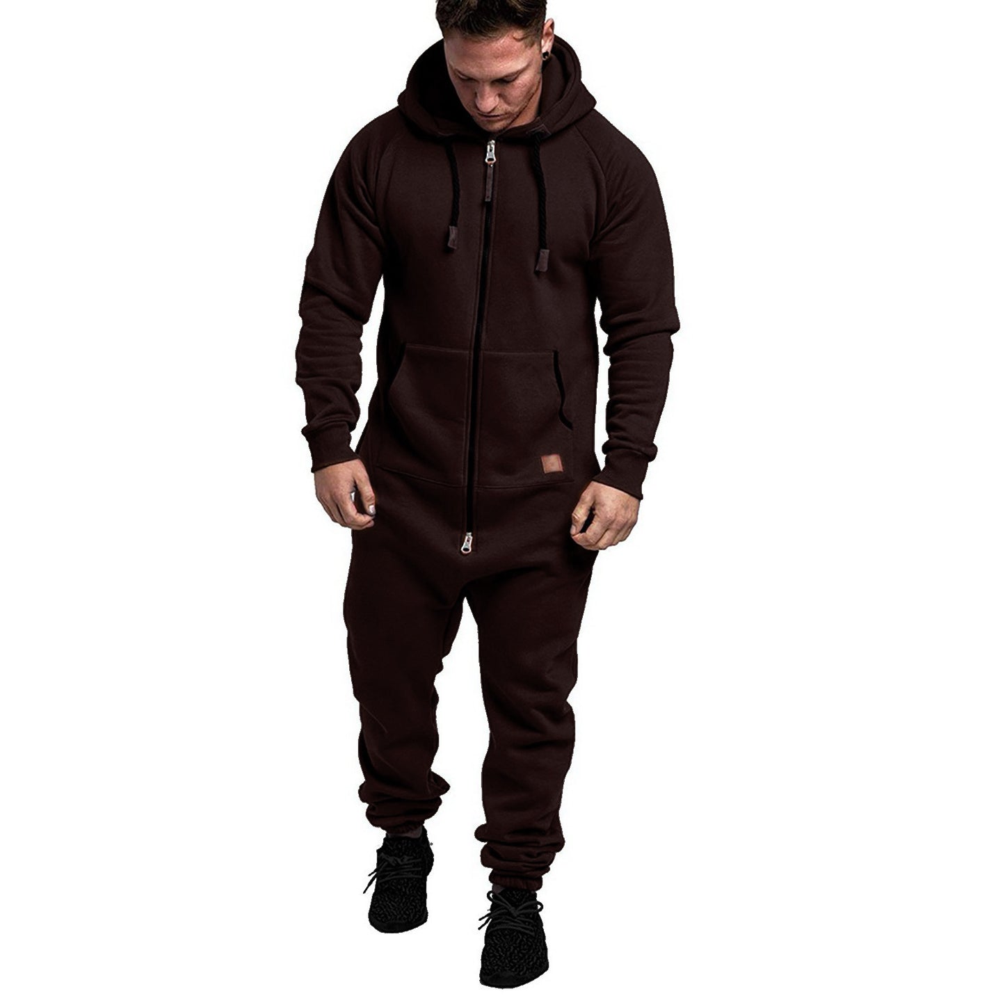 Mandotos International men's hooded fleece jumpsuit in solid color, casual style, in-stock foreign trade men's suit jumpsuit.