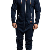 Mandotos International men's hooded fleece jumpsuit in solid color, casual and in-stock for versatile fashion wear.
