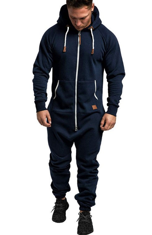Mandotos International men's hooded fleece jumpsuit in solid color, casual and in-stock for versatile fashion wear.
