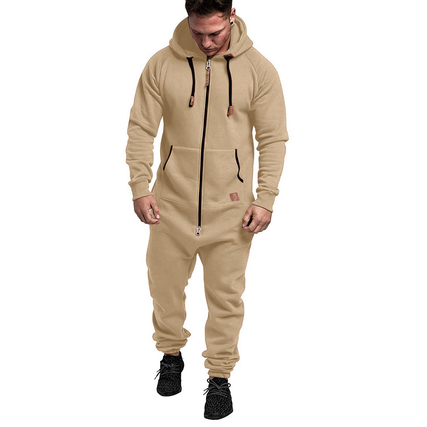 Mandotos International men's hooded fleece jumpsuit in solid color, casual and in-stock for comfortable men's casual wear.