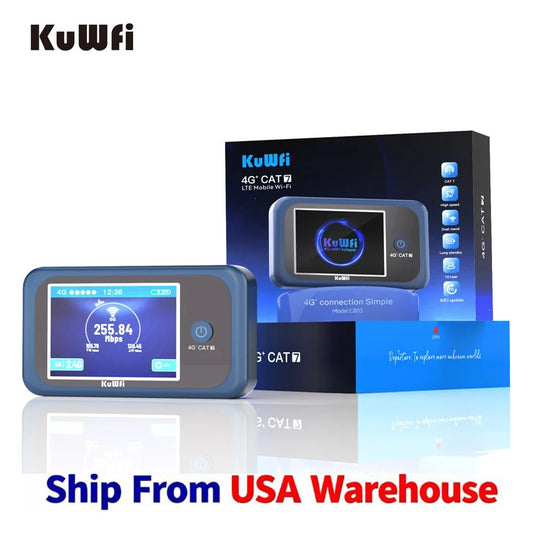 Mandotos International KuWFi Cat7 Global Band Router 4G travel hotspot with LCD display and compact design for mobile internet.