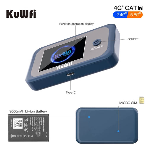 MANDOTOS INTERNATIONAL KuWFi Cat7 4G travel hotspot router with LCD display, portable wireless device for global internet access
