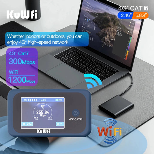 MANDOTOS INTERNATIONAL KuWFi Cat7 4G travel hotspot router with LCD display for global band internet connectivity.