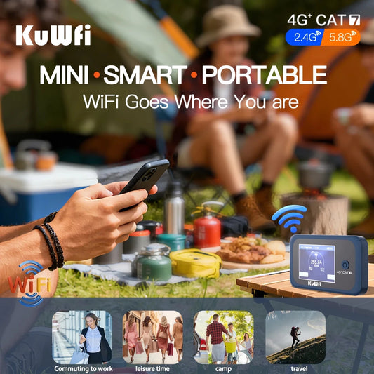 KuWFi Cat7 global band 4G travel hotspot router with LCD display, portable wireless internet device by MANDOTOS INTERNATIONAL.