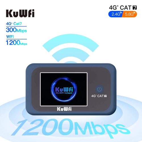 Mandotos International KuWFi Cat7 global band 4G travel hotspot with LCD display, compact portable router for internet on the go