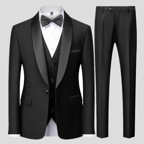 Large size men's three-piece suit for autumn wedding party, slim fit style by MANDOTOS INTERNATIONAL, shown on a model.