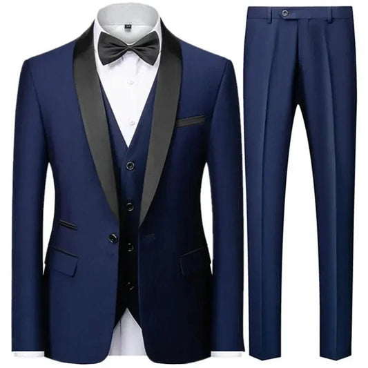Large size men's three-piece suit by MANDOTOS INTERNATIONAL, slim fit style for autumn wedding parties, featuring jacket, vest, and trousers.