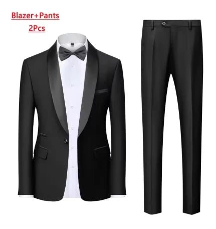 Large size men's three-piece suit by MANDOTOS INTERNATIONAL, slim fit style for autumn wedding parties, with jacket, vest, and trousers.