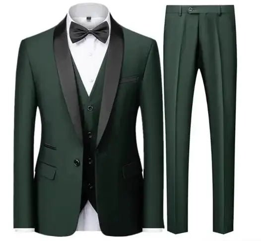 Large size men's three-piece suit by MANDOTOS INTERNATIONAL, slim fit style perfect for autumn wedding parties, featuring jacket, vest, and trousers.