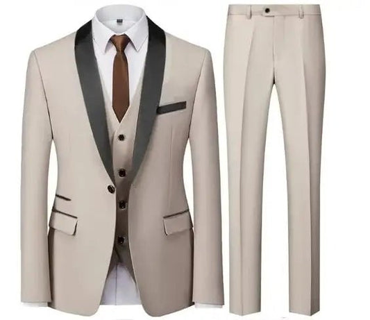 Large size men's three-piece suit by MANDOTOS INTERNATIONAL, slim fit style, perfect for autumn wedding parties.