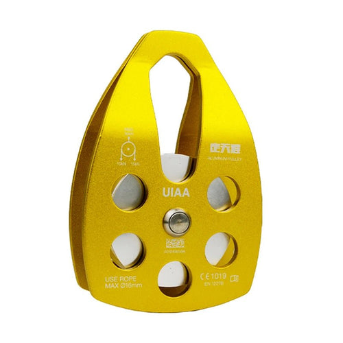 Mandotos International custom single fixed mountaineering pulley for outdoor climbing and travel, shown with climbing rope and hardware.