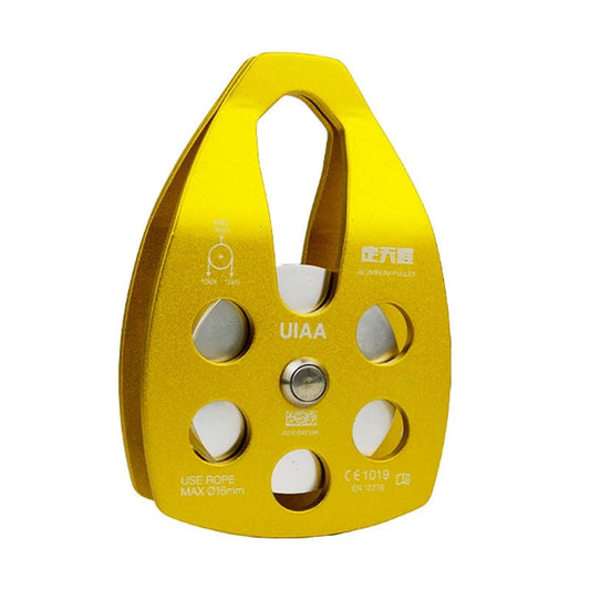 Mandotos International custom single fixed mountaineering pulley for outdoor climbing and travel, shown with climbing rope and hardware.