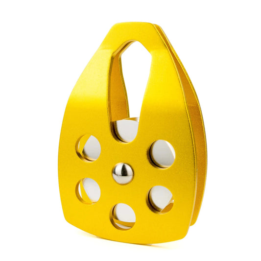 Mandotos International custom single fixed mountaineering pulley for outdoor climbing and travel, shown with climbing rope.