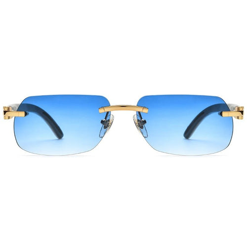 Luxury buffalo horn sunglasses for men and women by MANDOTOS INTERNATIONAL, stylish design with dark tinted lenses.