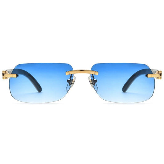 Luxury buffalo horn sunglasses for men and women by MANDOTOS INTERNATIONAL, stylish design with dark tinted lenses.