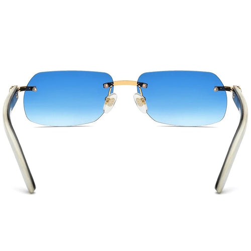 Luxury buffalo horn sunglasses for men and women by MANDOTOS INTERNATIONAL, stylish design with dark tinted lenses.