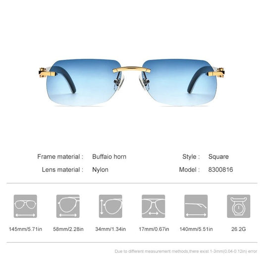 Luxury buffalo horn sunglasses by Mandotos International for men and women, stylish frame with dark tinted lenses.