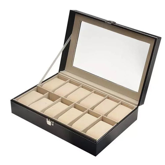 Luxury glass window watch case and jewelry box by Mandotos International for travel storage and gifting.