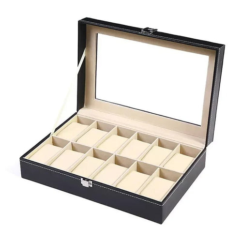 Luxury glass window watch case jewelry box by MANDOTOS INTERNATIONAL, ideal for travel and gift storage.