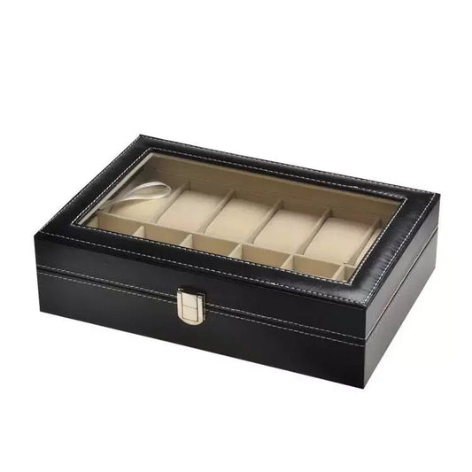 Luxury glass window watch case jewelry box by MANDOTOS INTERNATIONAL, perfect for travel and gift storage.