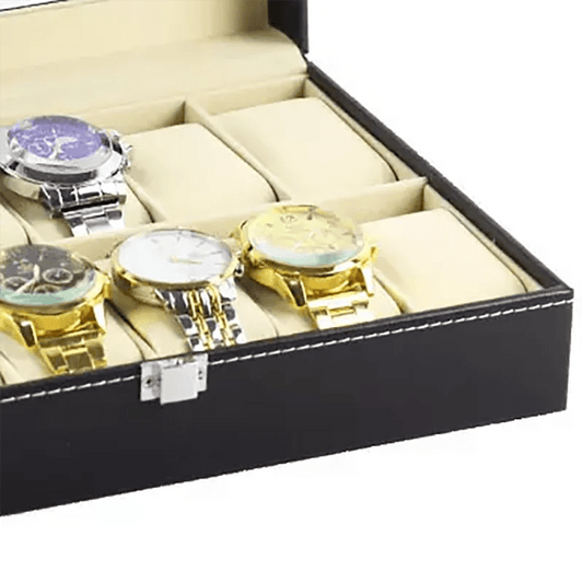 Luxury glass window watch case and jewelry box by MANDOTOS INTERNATIONAL, ideal for travel and gift storage.