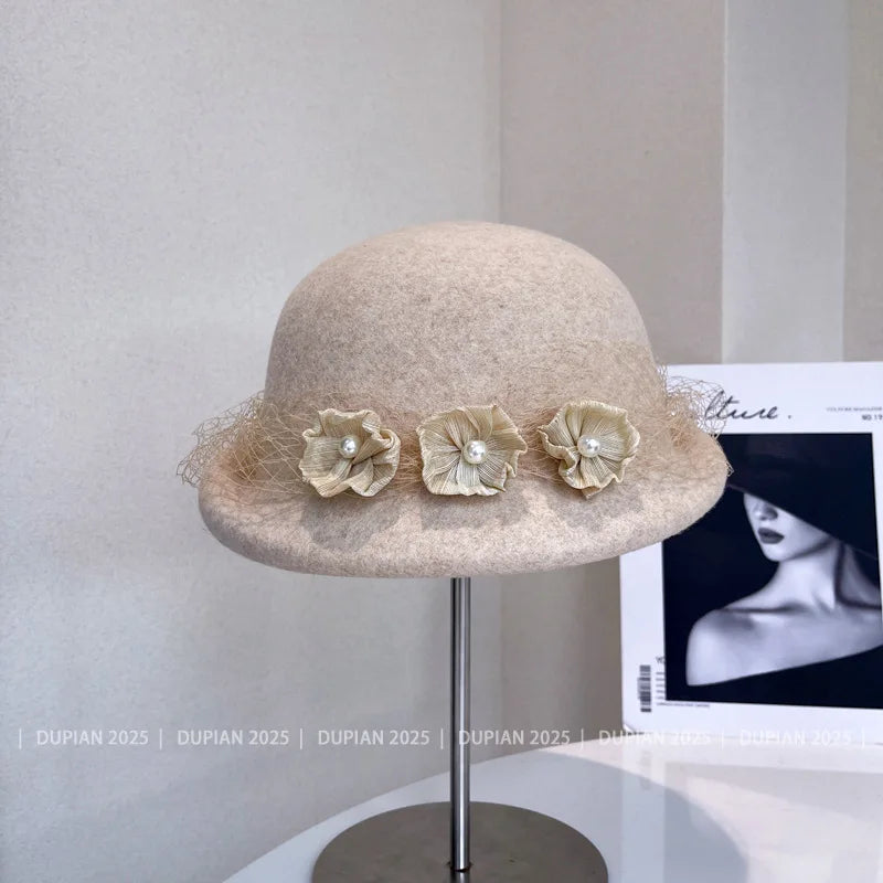 Luxury hemp yarn beret with Australian wool felt, women's versatile bow top hat by MANDOTOS INTERNATIONAL, stylish headwear.