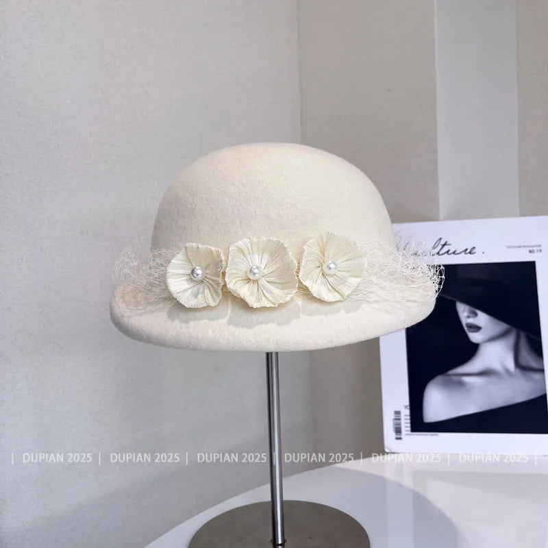 Luxury hemp yarn beret with Australian wool felt, women's versatile bow top hat, stylish and cozy accessory from MANDOTOS INTERNATIONAL.