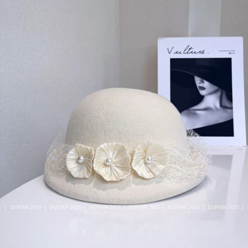 Luxury hemp yarn beret with Australian wool felt, women's versatile bow top hat in natural beige.
