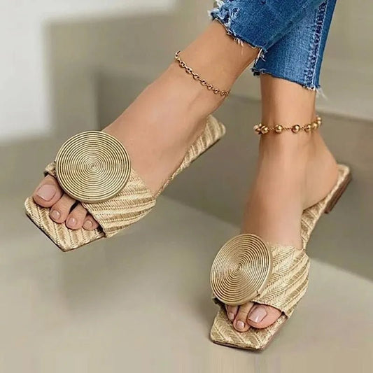 Luxury Korean style crystal beach slippers by MANDOTOS INTERNATIONAL, flat casual sandals with large size button detail.