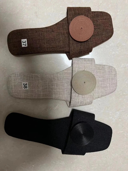 Luxury Korean style crystal beach slippers by MANDOTOS INTERNATIONAL, flat casual sandals with large size button details.