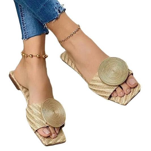 Luxury Korean style crystal beach slippers by MANDOTOS INTERNATIONAL, flat casual sandals with large size button detail.