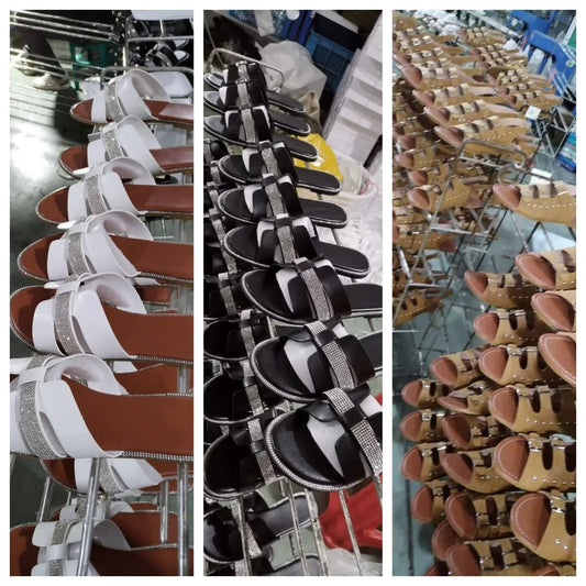 Mandotos International luxury Korean style crystal beach slippers, flat casual sandals with large size button detail and crystal accents.