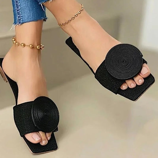 Luxury Korean style crystal beach slippers by MANDOTOS INTERNATIONAL with flat casual design, large size, and button detail.