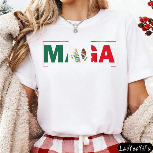Mandotos International MAGA Mexicans Ain't Going Anywhere T-shirt with vintage Mexican American letter print, summer casual top