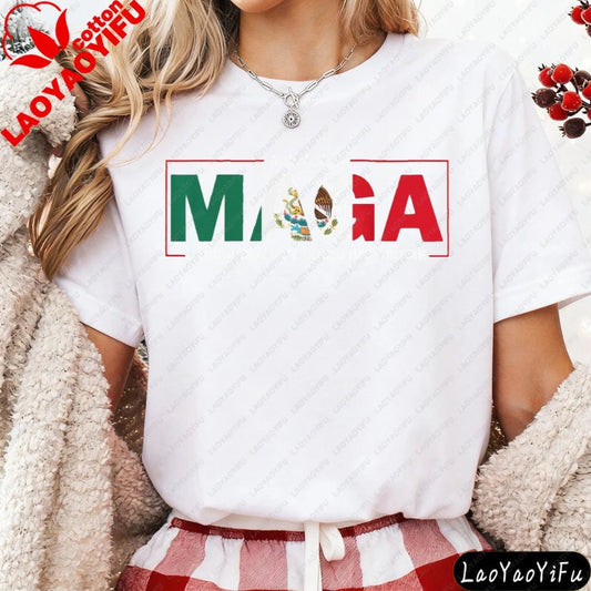 Mandotos International MAGA Mexicans Ain't Going Anywhere T-Shirt with vintage Mexican flag design and letter print, casual summer clothing