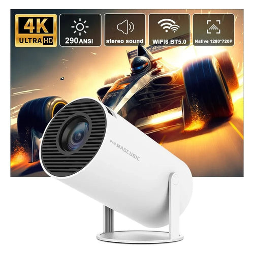 Mandotos International Magcubic Pro 4K Android 11 projector showing a vibrant home cinema scene with dual WiFi 6 and Bluetooth 5.0.