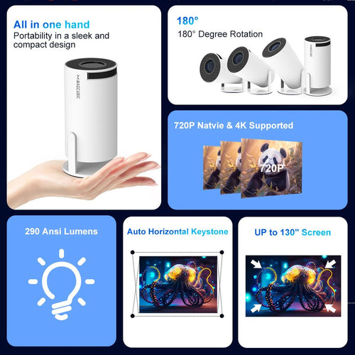 Mandotos International Magcubic Pro 4K Android 11 projector with dual WiFi 6, Bluetooth 5.0, home cinema, outdoor use, black design.
