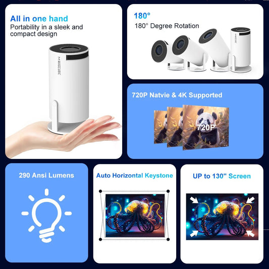 Mandotos International Magcubic Pro 4K Android 11 projector with dual WiFi 6, Bluetooth 5.0, home cinema, outdoor use, black design.