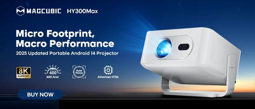 Mandotos International Magcubic Pro 4K Android 11 projector with dual WiFi 6 and Bluetooth 5.0 for home and outdoor cinema use.