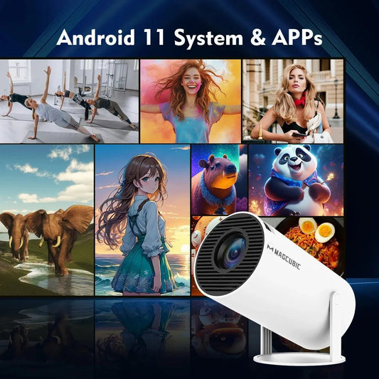 Mandotos International Magcubic Pro 4K Android 11 projector with dual Wi-Fi 6, Bluetooth 5.0 for outdoor home cinema setup.