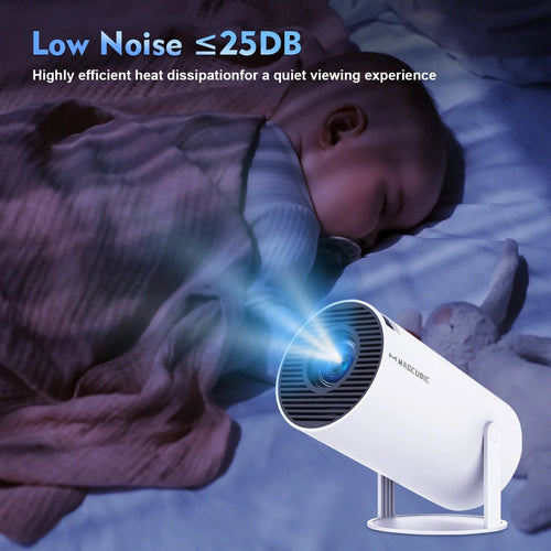 Mandotos International Magcubic Pro 4K Android 11 projector displaying a home cinema setup with dual Wi-Fi 6 and Bluetooth 5.0 connectivity.