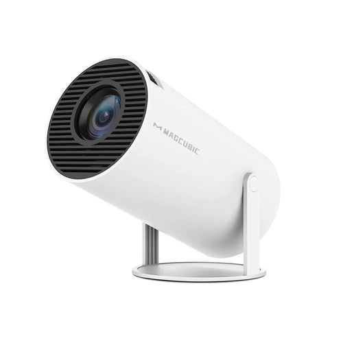 Mandotos International Magcubic Pro 4K Android 11 projector displaying a home cinema setup with dual Wi-Fi 6 and Bluetooth 5.0 connectivity.