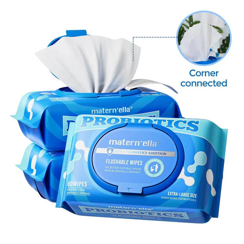 Matern'ella eco-friendly probiotic travel wipes with plant fibers, fragrance-free, in a portable pack for on-the-go freshness.