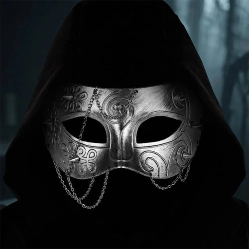 Mandotos International medieval knight armor half face mask for adults, masquerade costume accessory with metallic finish and detailed design.