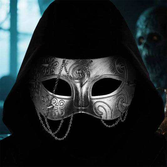 Medieval Knight Armor half face mask for adults, masquerade costume accessory by Mandotos International, featuring metallic details.