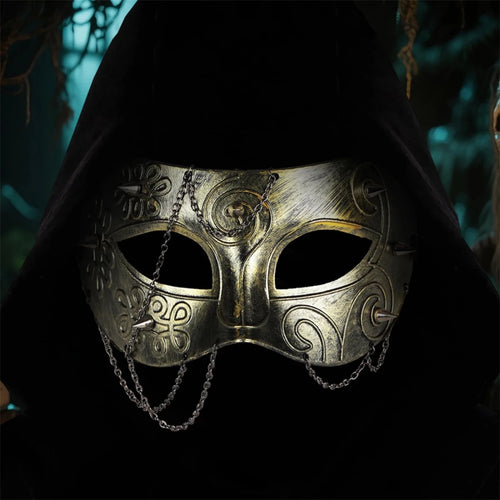 Medieval knight armor half face mask for adults, masquerade costume accessory by MANDOTOS INTERNATIONAL, detailed metal design.
