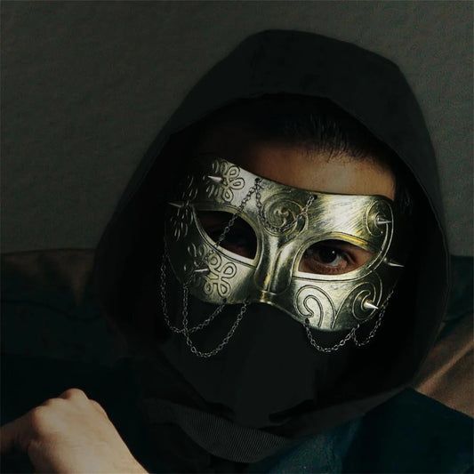 Mandotos International medieval knight armor half face mask for adults, ideal for masquerade costumes and themed events.