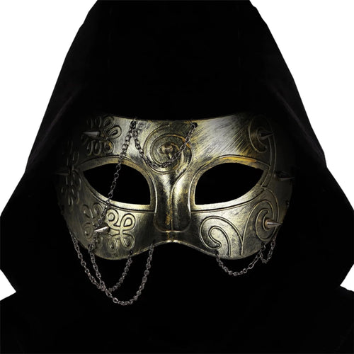 Mandotos International medieval knight armor half face mask for adults, masquerade costume accessory with detailed metallic design.