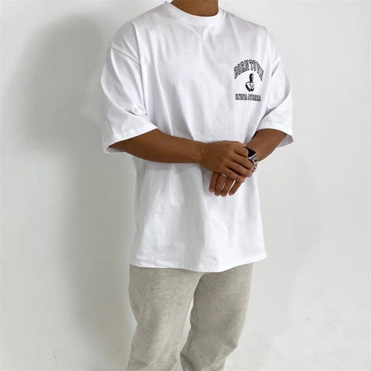 Men's cotton fitness tee by MANDOTOS INTERNATIONAL, short sleeve summer gym T-shirt, casual athletic wear, white color, front view